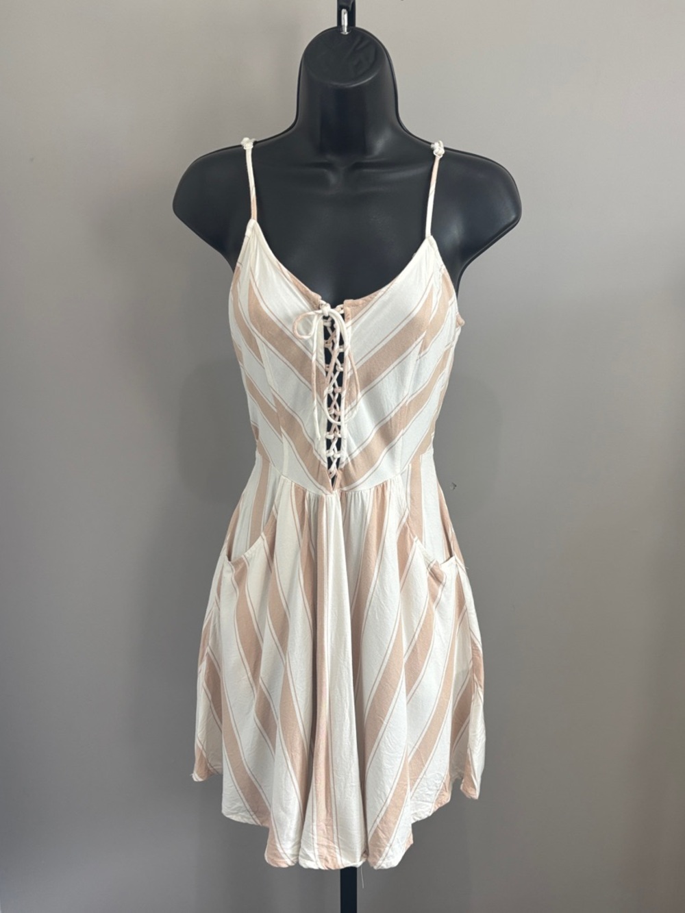 Gianni Bini Cream and Tan Striped Lace-Up Mini Dress with Pockets Size M